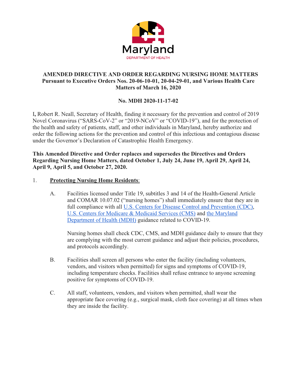 MDH Amended Directive and Order Regarding Nursing Home Matters