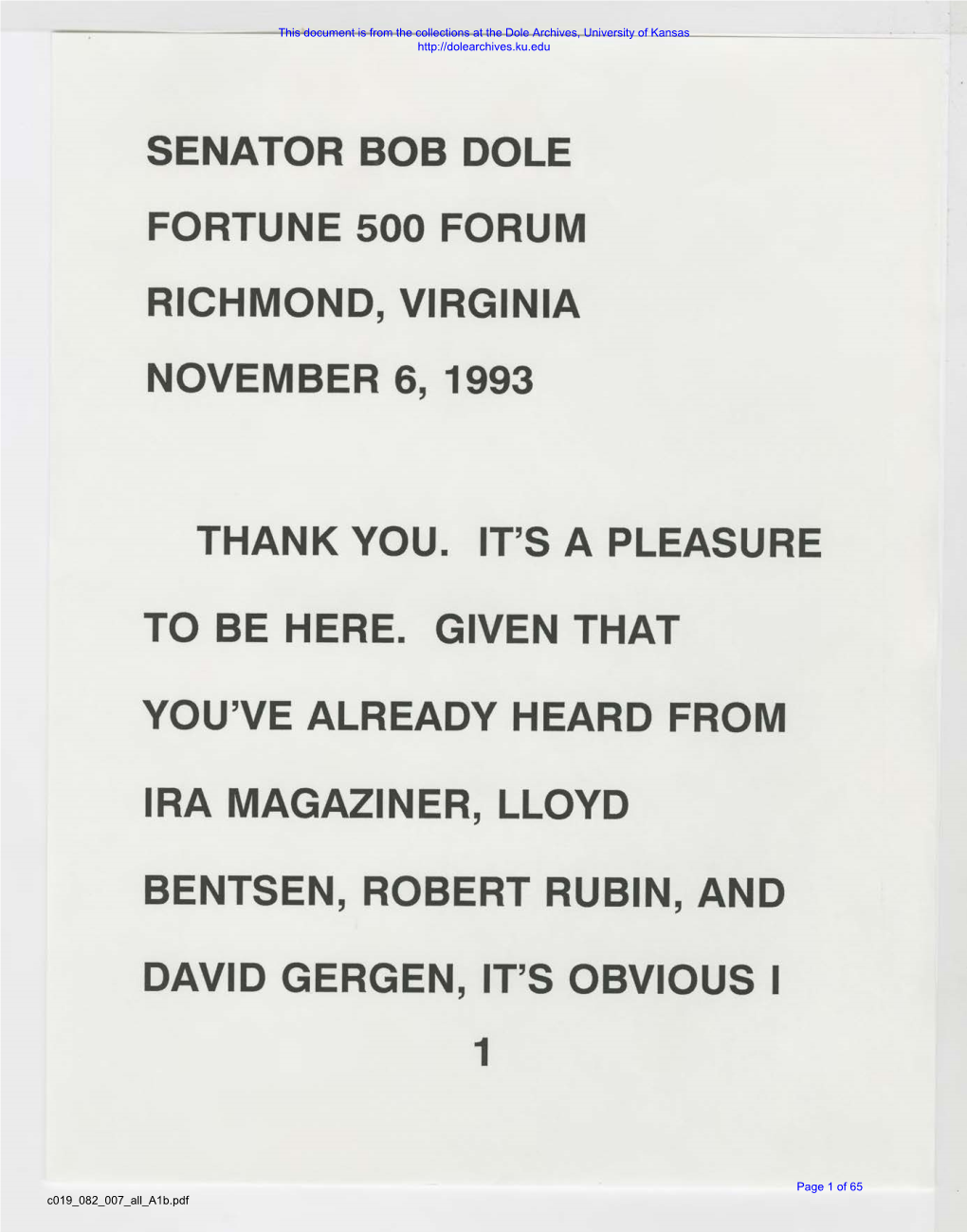 Senator Bob Dole Fortune 500 Forum Richmond, Virginia November 6, 1993