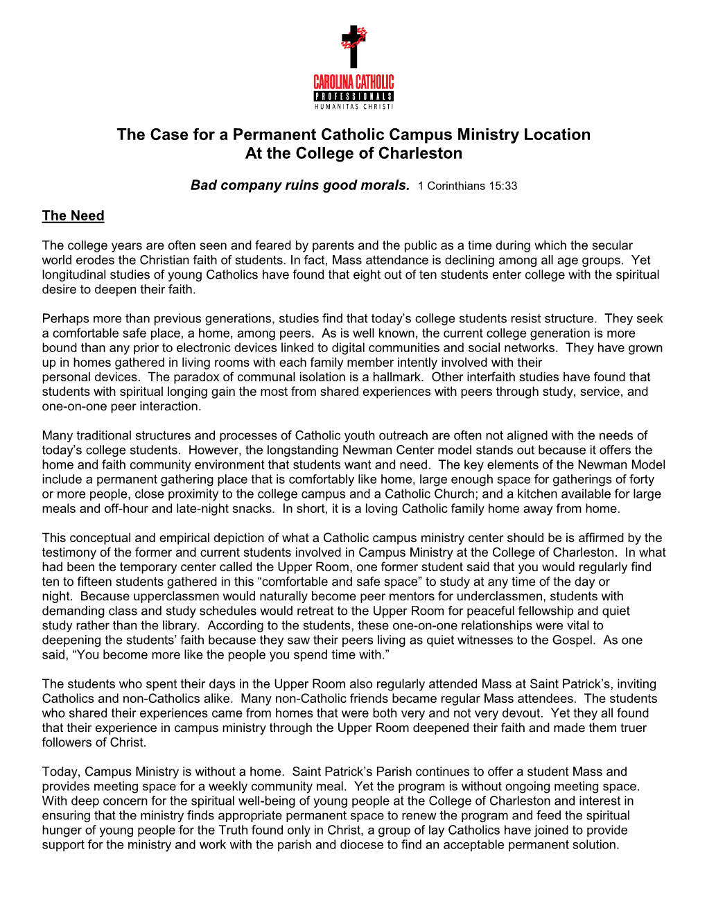 The Case for a Permanent Catholic Campus Ministry Location at the College of Charleston