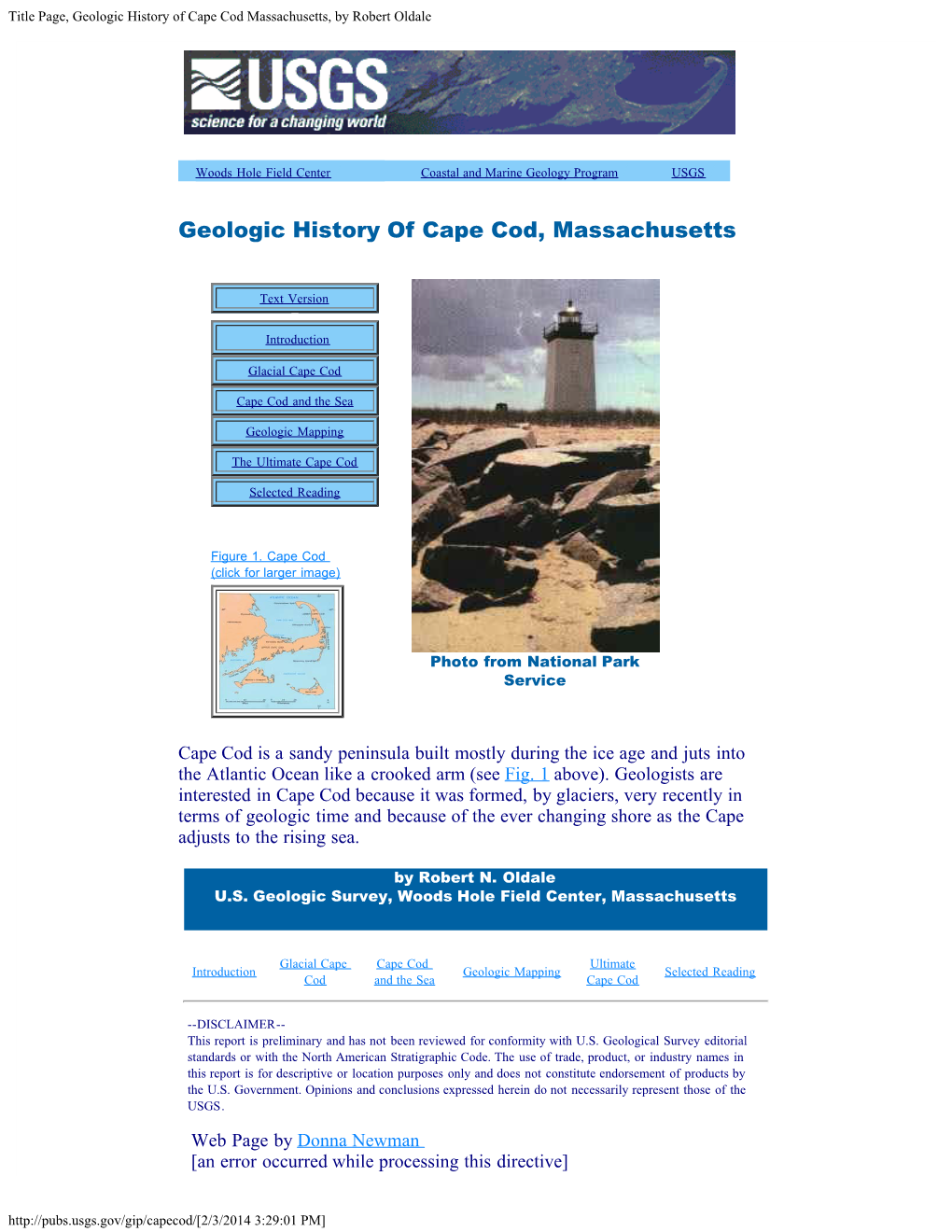 Title Page, Geologic History of Cape Cod Massachusetts, by Robert Oldale