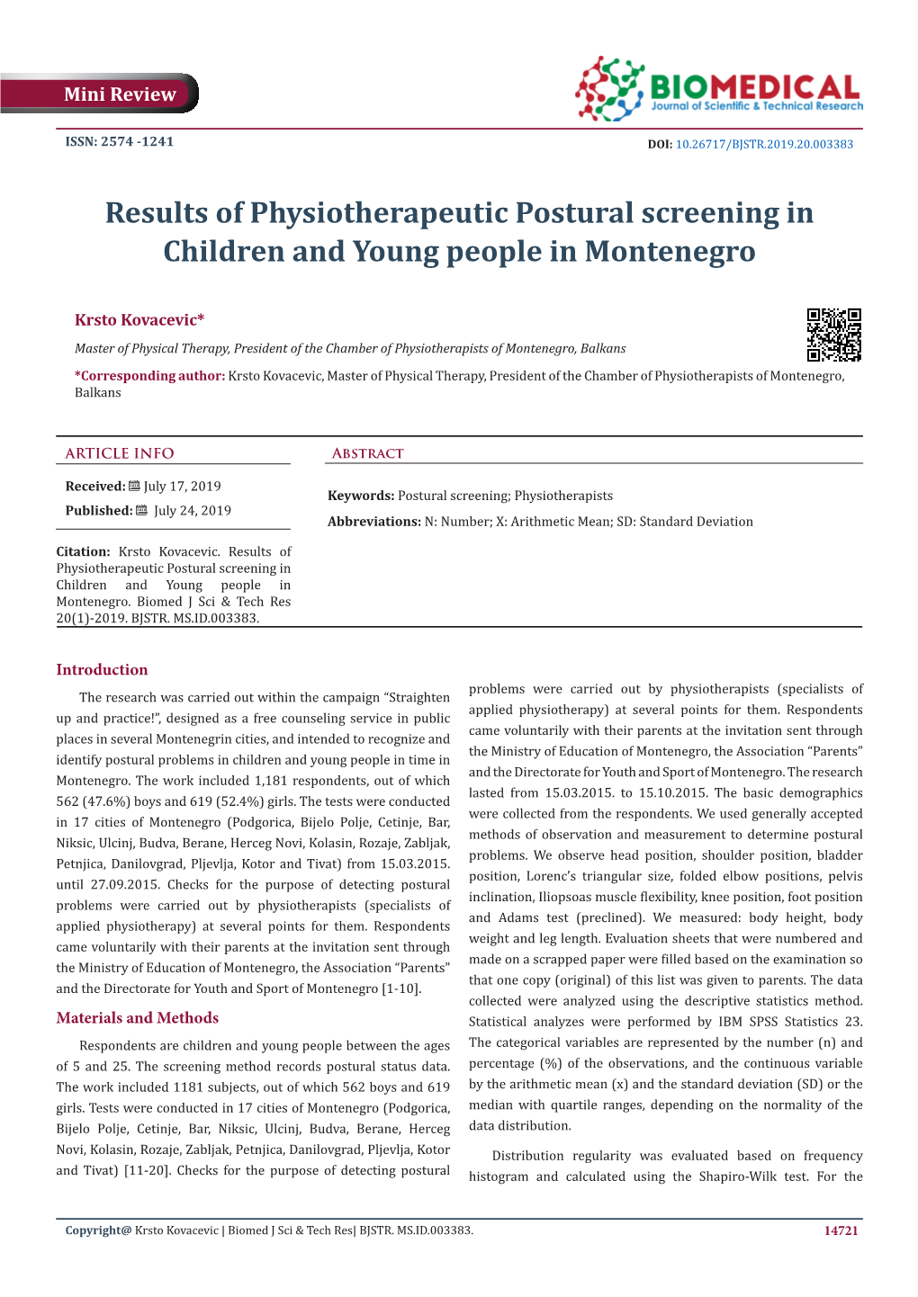 Results of Physiotherapeutic Postural Screening in Children and Young People in Montenegro