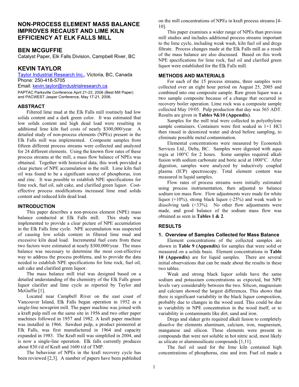 Non-Process Element Mass Balance Improves Recaust and Lime Kiln Efficiency at Elk Falls Mill