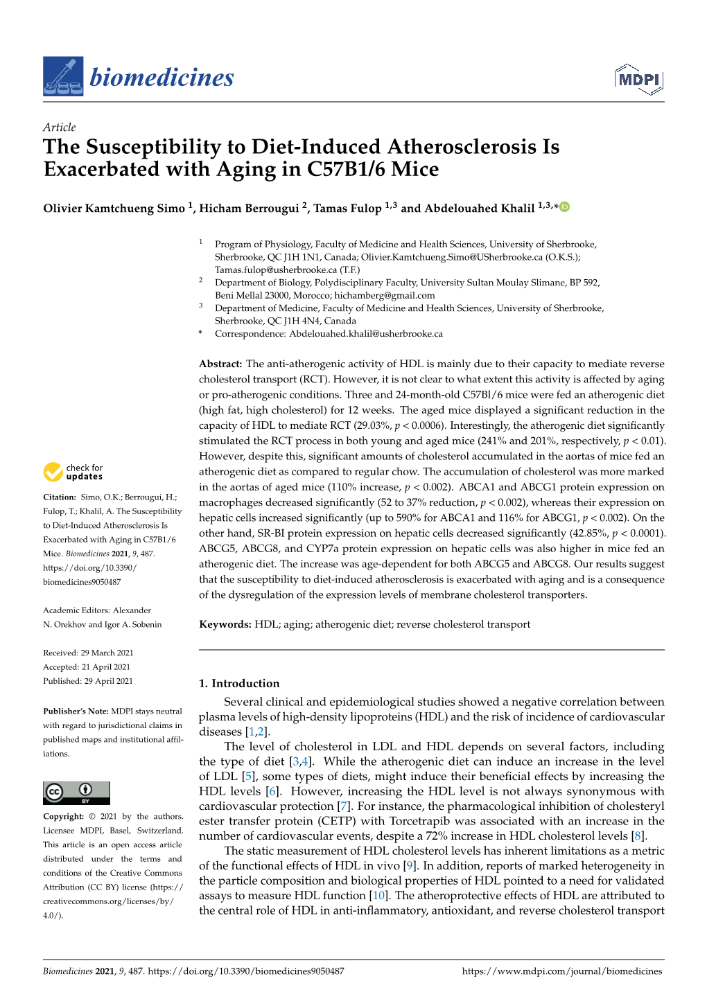 The Susceptibility to Diet-Induced Atherosclerosis Is Exacerbated with Aging in C57B1/6 Mice