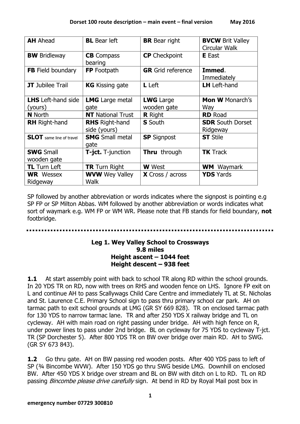 Dorset 100 Route Description – Main Event – Final Version May 2016