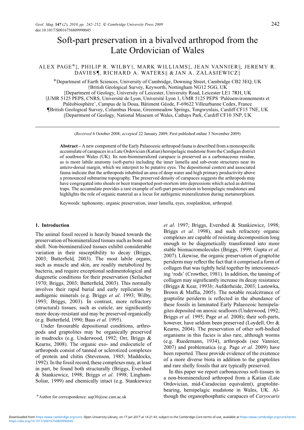 Soft-Part Preservation in a Bivalved Arthropod from the Late Ordovician of Wales