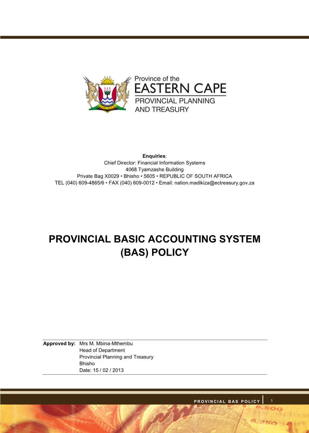 Provincial Basic Accounting System (Bas) Policy