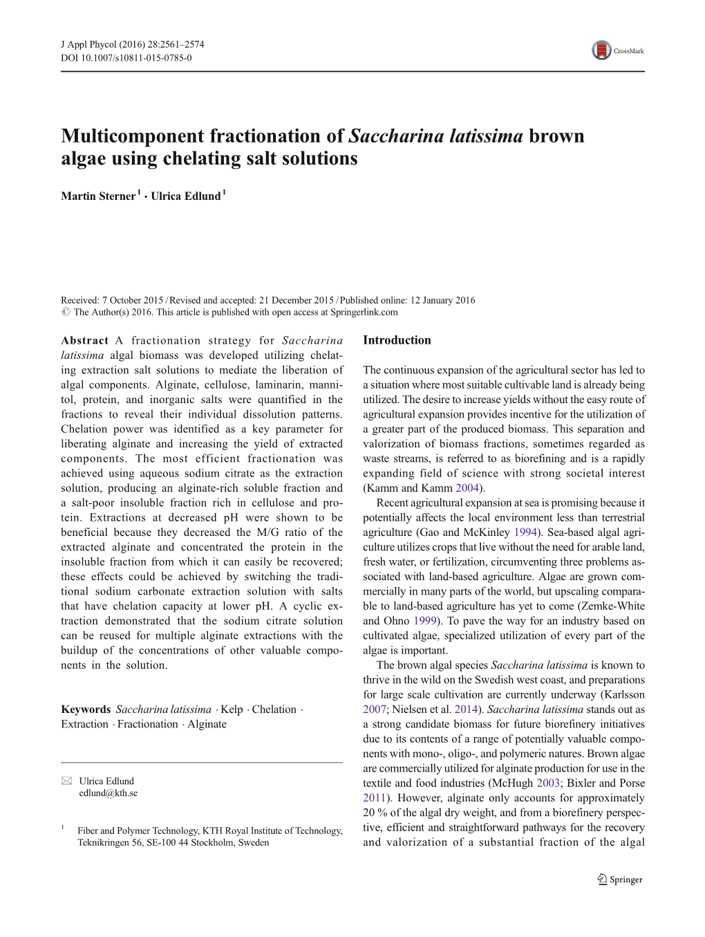 Multicomponent Fractionation of Saccharina Latissima Brown Algae Using Chelating Salt Solutions