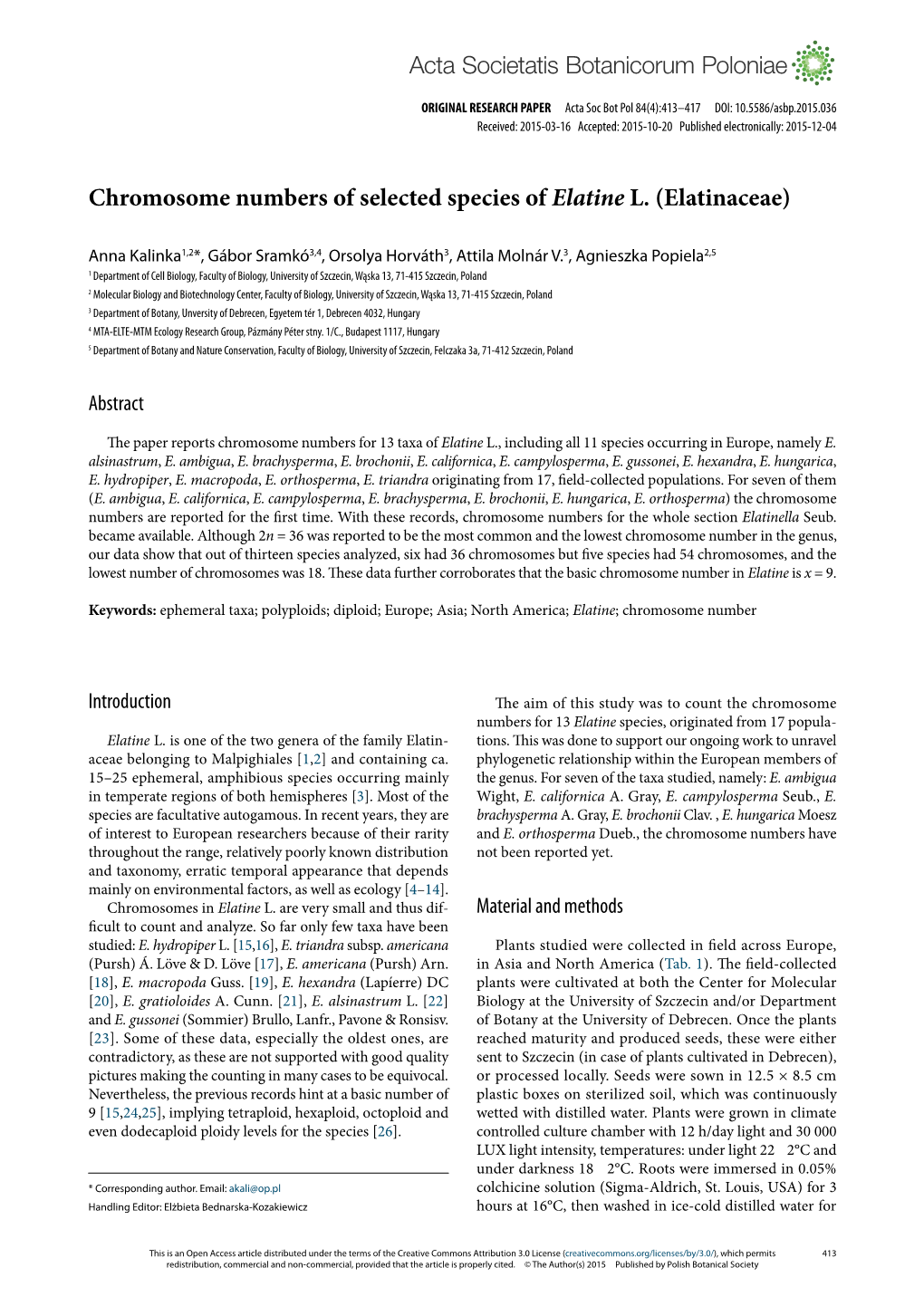 Chromosome Numbers of Selected Species of Elatine L. (Elatinaceae)