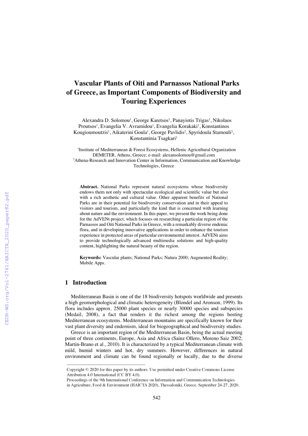 Vascular Plants of Oiti and Parnassos National Parks of Greece, As Important Components of Biodiversity and Touring Experiences