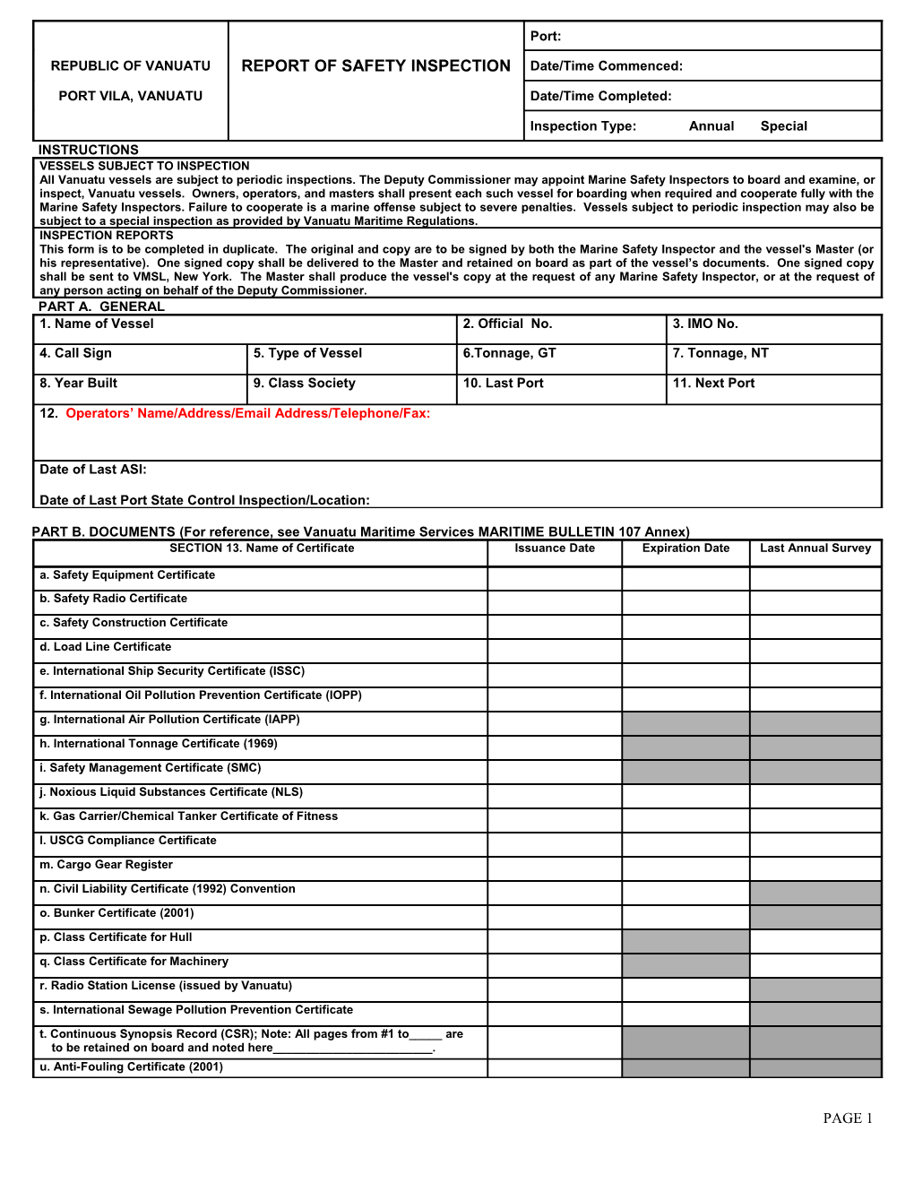 PART B. DOCUMENTS (For Reference, See Vanuatu Maritime Services MARITIME BULLETIN 107 Annex)