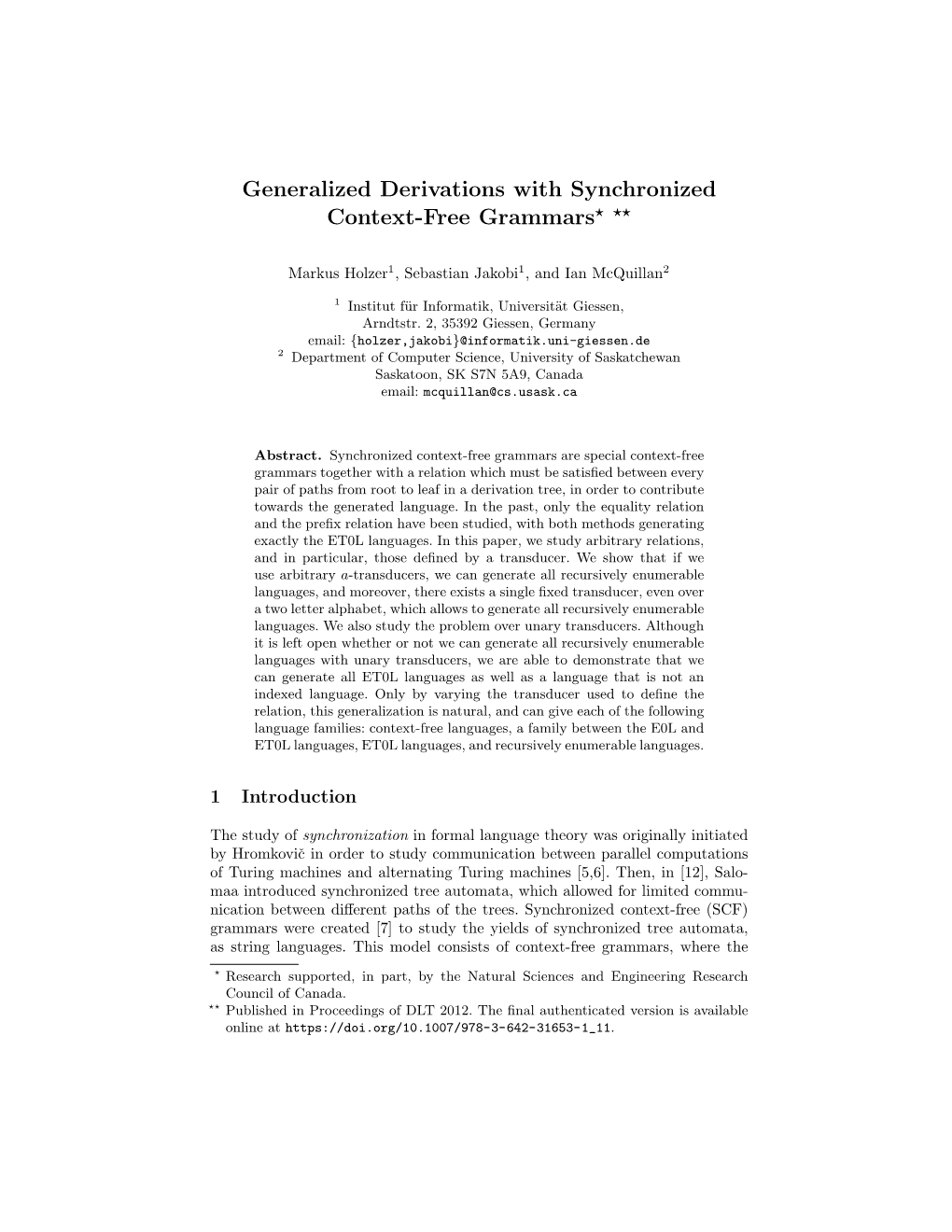 Generalized Derivations with Synchronized Context-Free Grammars? ??