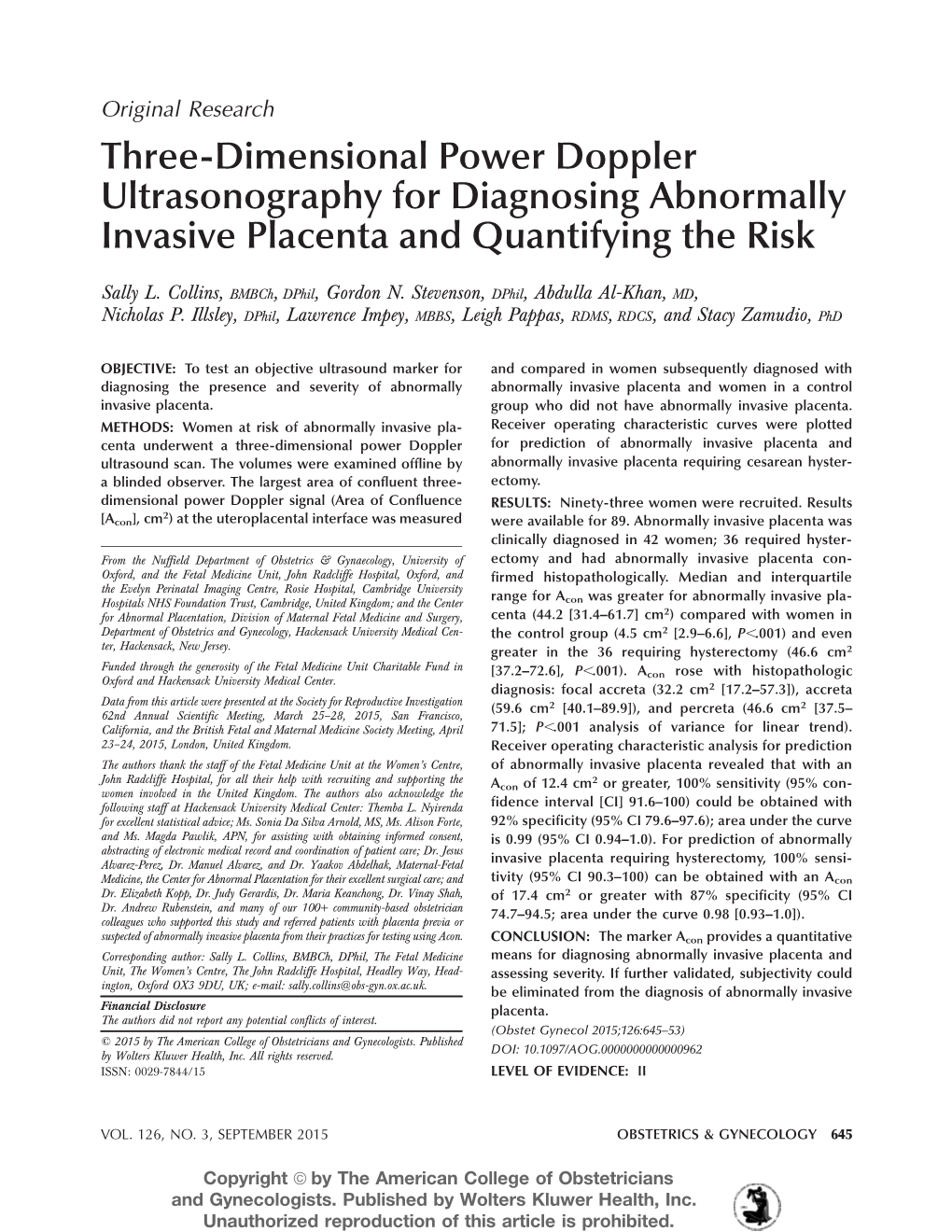 Three-Dimensional Power Doppler Ultrasonography for Diagnosing Abnormally Invasive Placenta and Quantifying the Risk