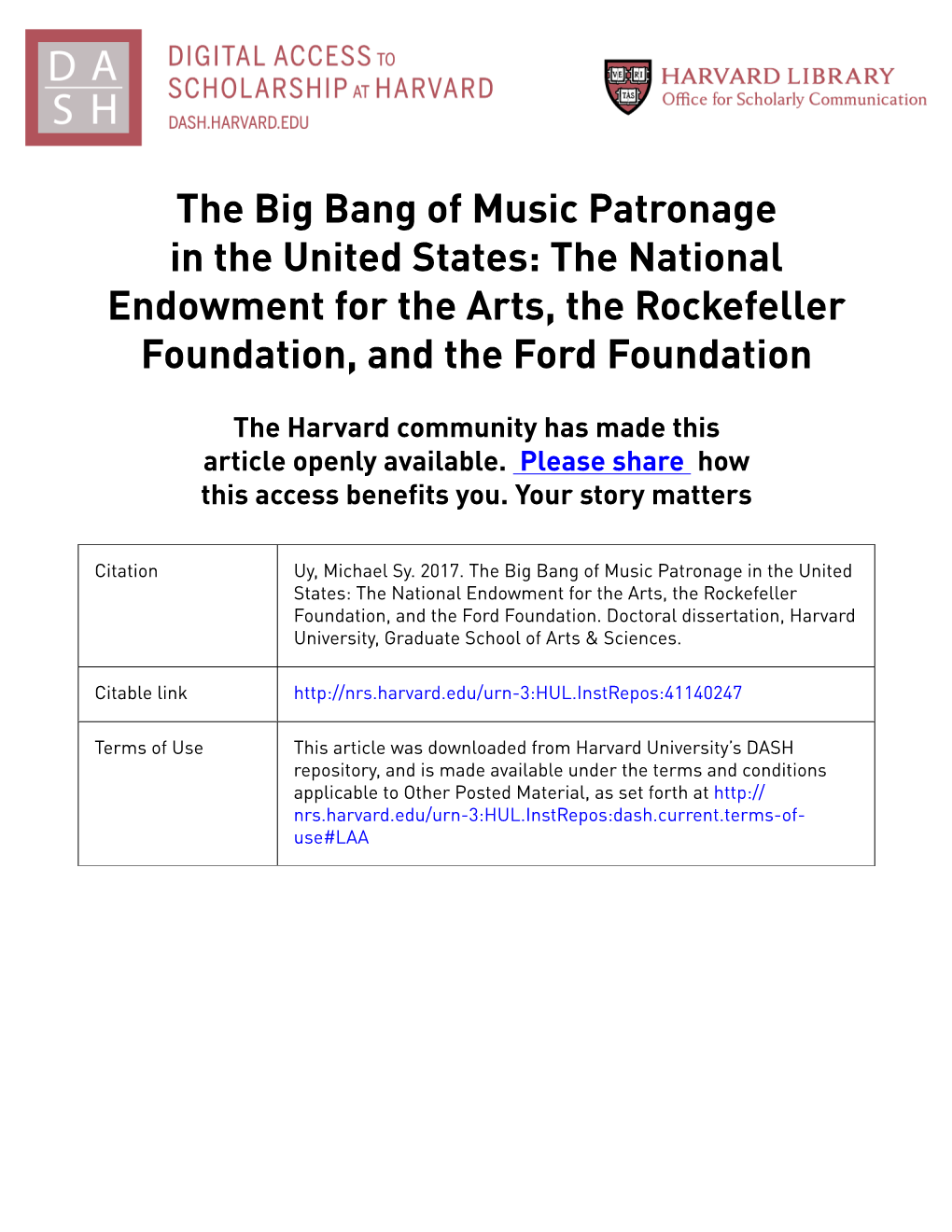 The Big Bang of Music Patronage in the United States: the National Endowment for the Arts, the Rockefeller Foundation, and the Ford Foundation