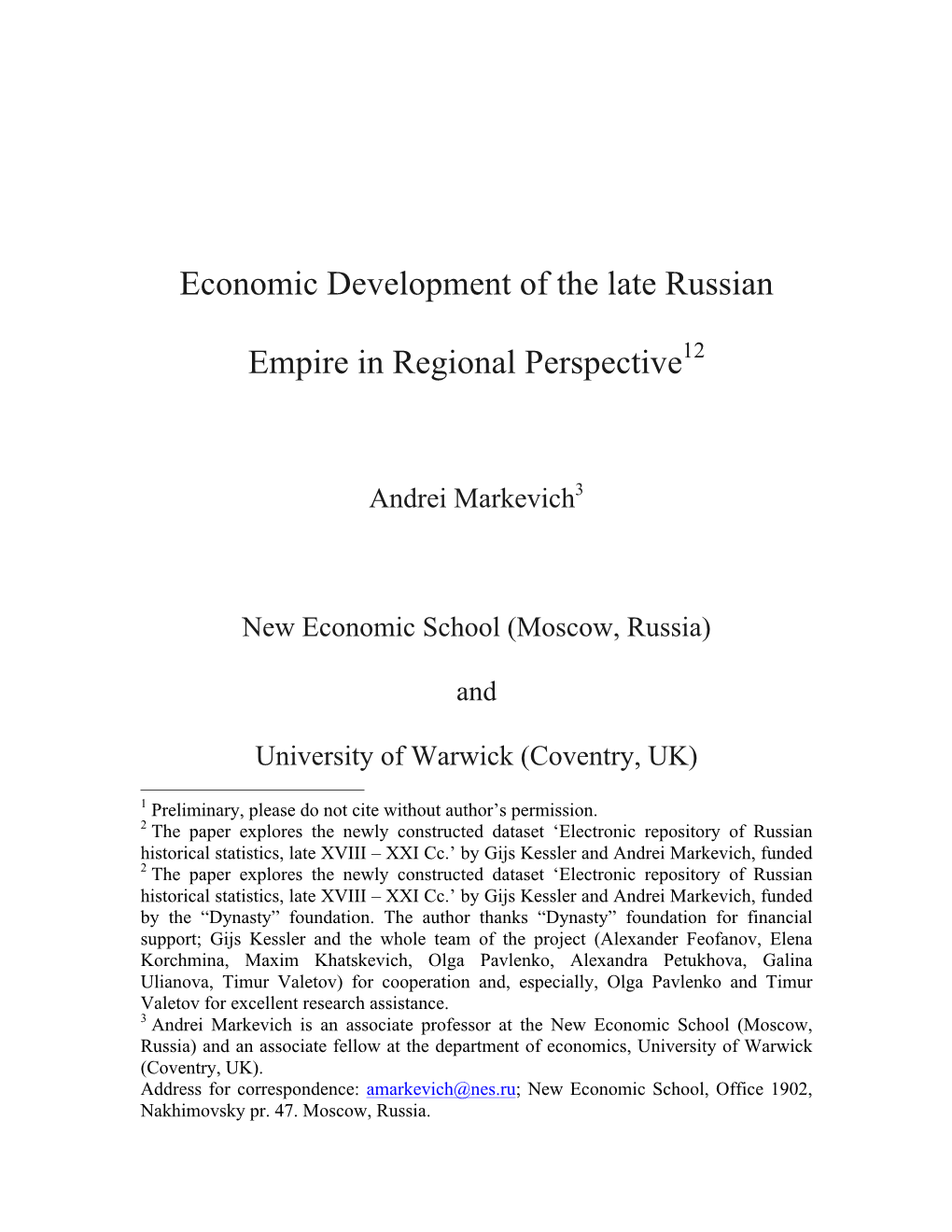 Economic Development of the Late Russian Empire in Regional