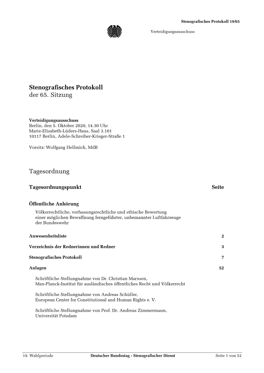 Stenografisches Protokoll Der 65. Sitzung Tagesordnung