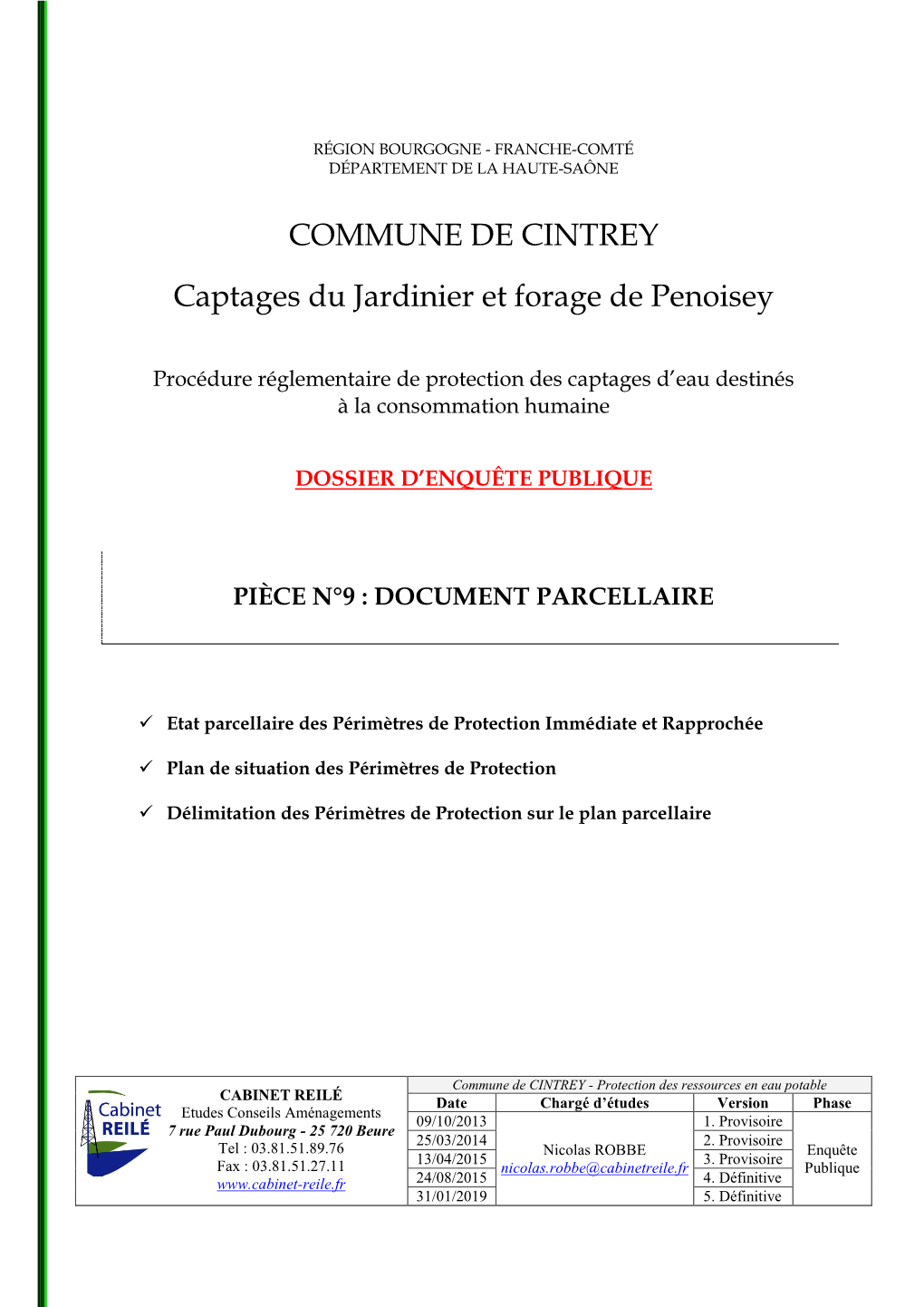 COMMUNE DE CINTREY Captages Du Jardinier Et Forage De Penoisey