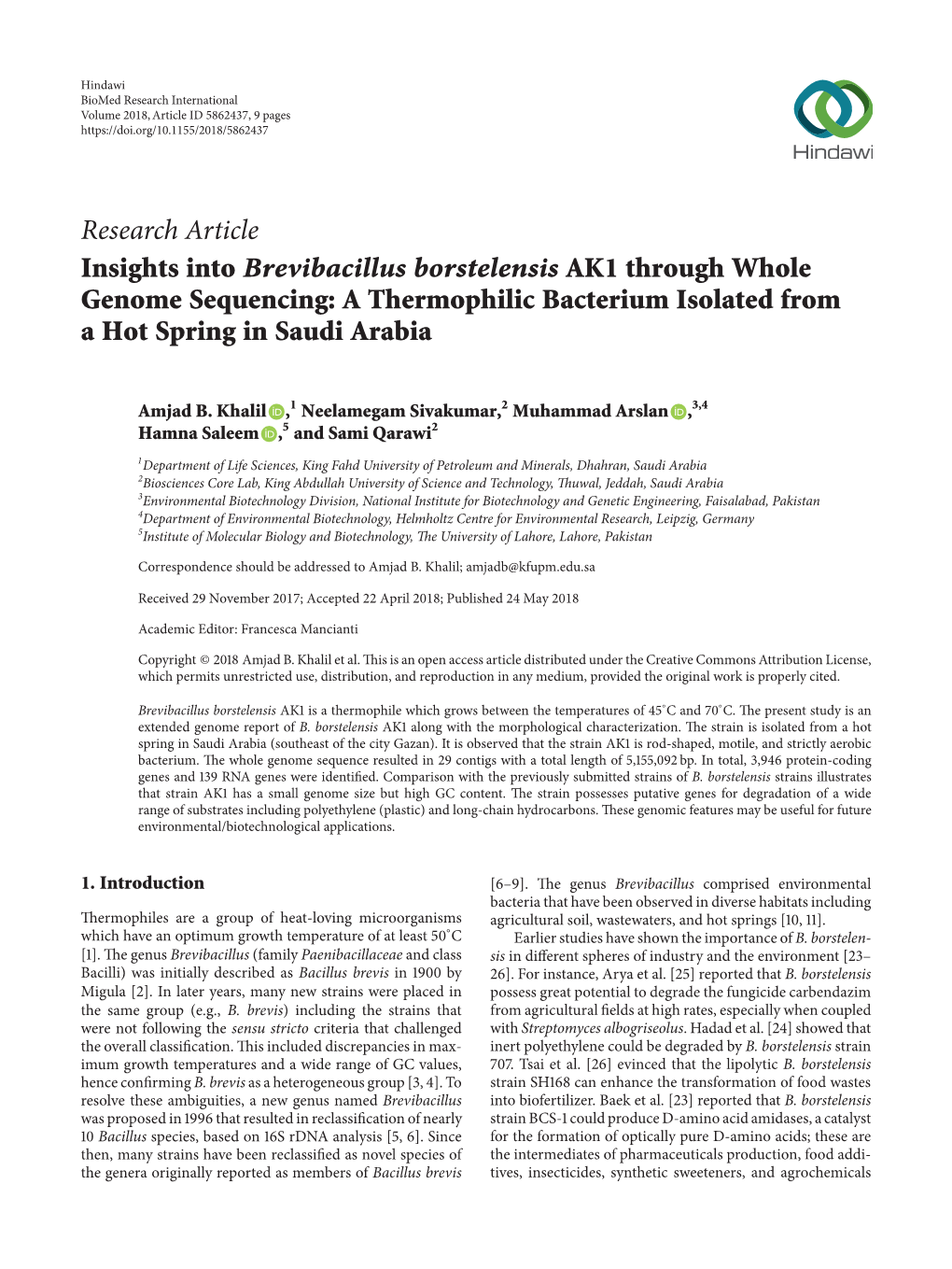 Research Article Insights Into Brevibacillus Borstelensis AK1 Through Whole Genome Sequencing: a Thermophilic Bacterium Isolated from a Hot Spring in Saudi Arabia