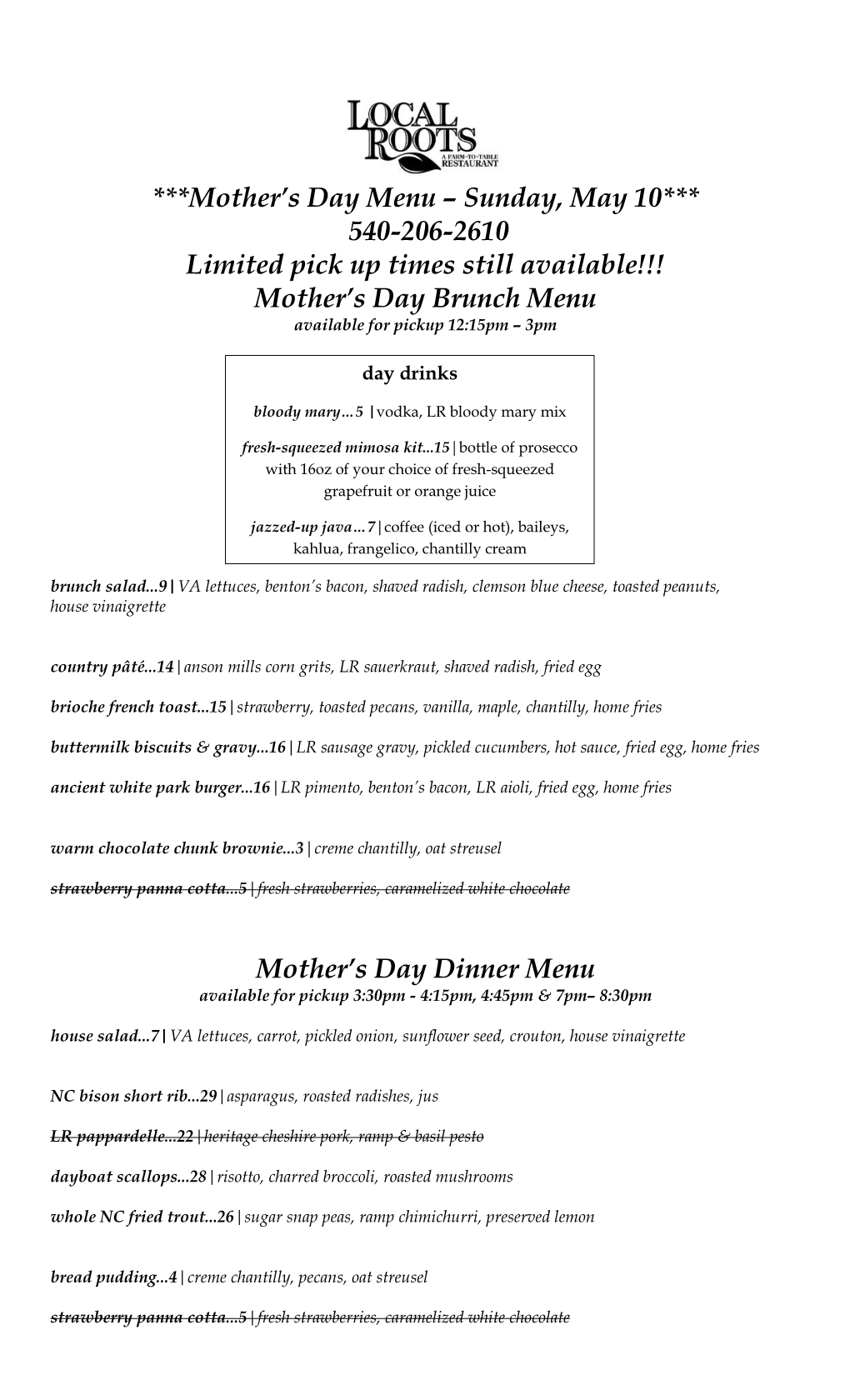 Mother's Day Menu