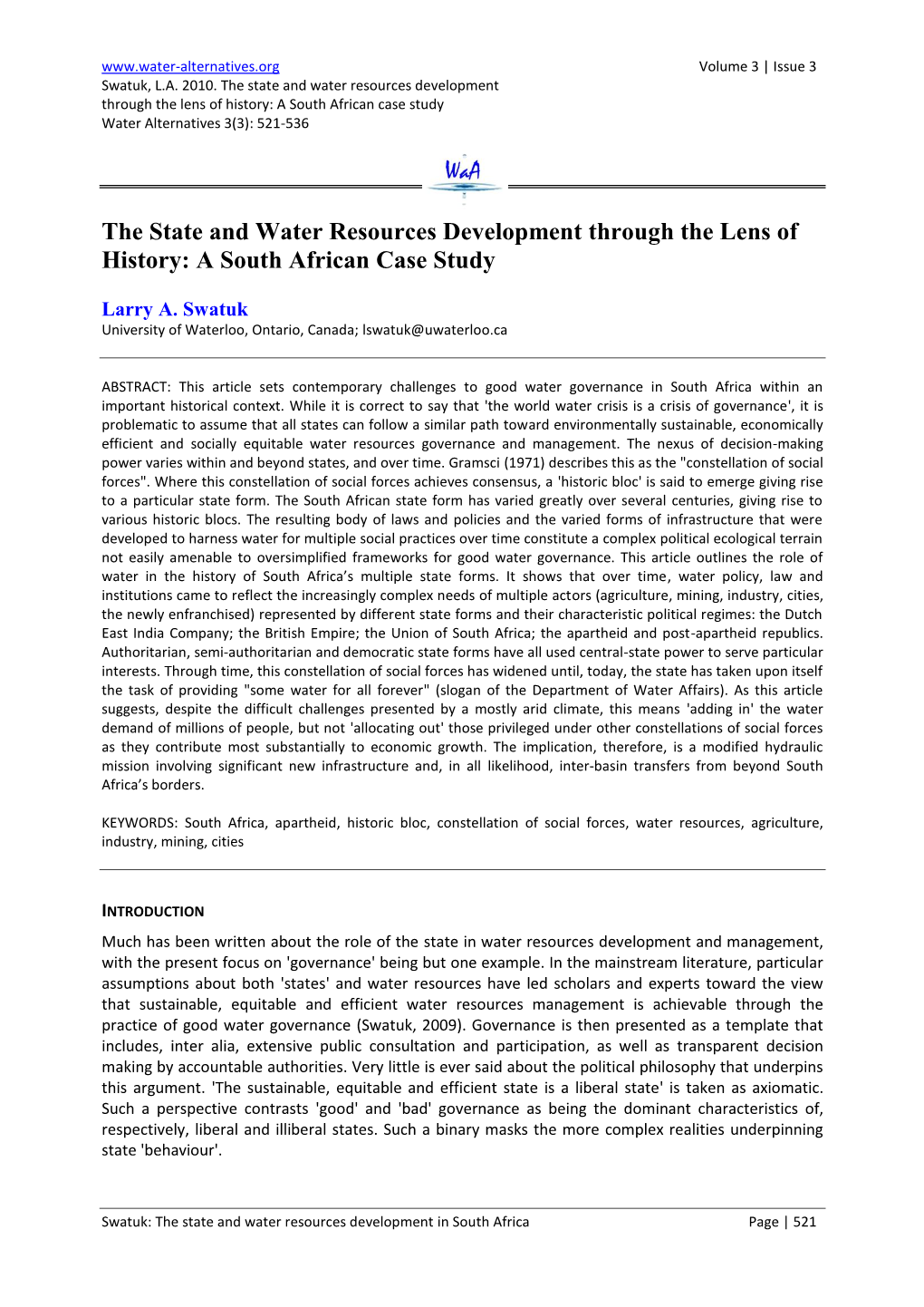 The State and Water Resources Development Through the Lens of History: a South African Case Study Water Alternatives 3(3): 521-536