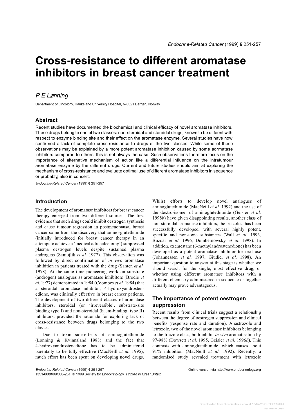 Cross-Resistance to Different Aromatase Inhibitors in Breast Cancer Treatment