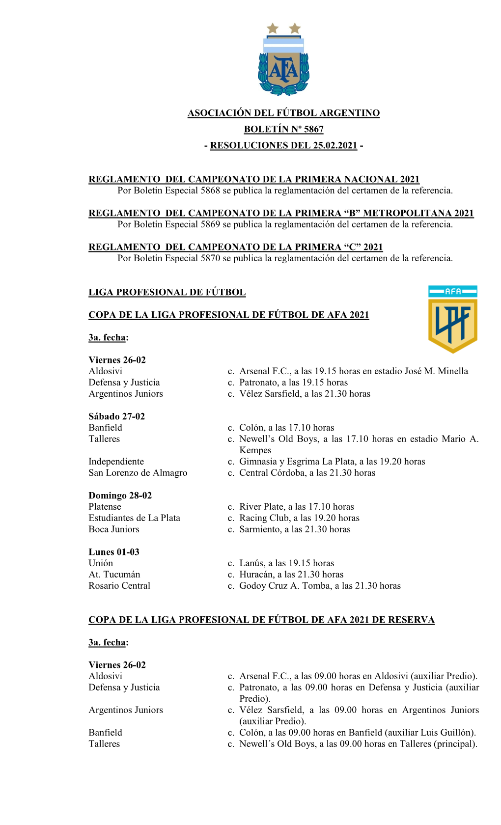 Asociación Del Fútbol Argentino Boletín Nº 5867 - Resoluciones Del 25.02.2021