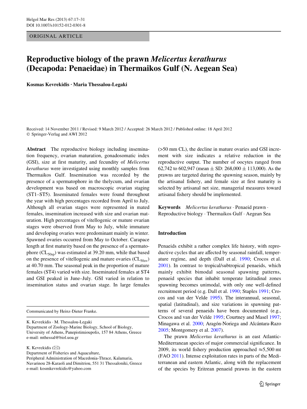 Reproductive Biology of the Prawn Melicertus Kerathurus (Decapoda: Penaeidae) in Thermaikos Gulf (N