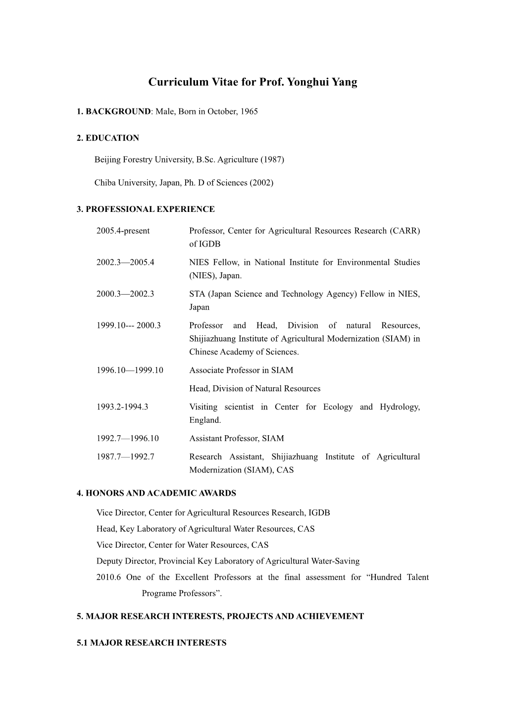 Curriculum Vitae for Prof. Yonghui Yang