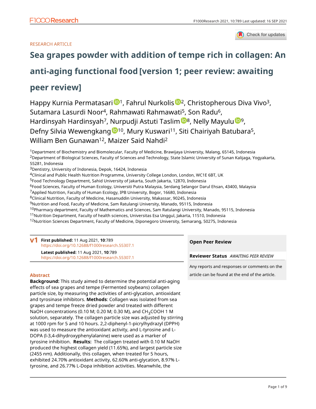Sea Grapes Powder with Addition of Tempe Rich in Collagen: an Anti-Aging Functional Food [Version 1; Peer Review: Awaiting Peer Review]