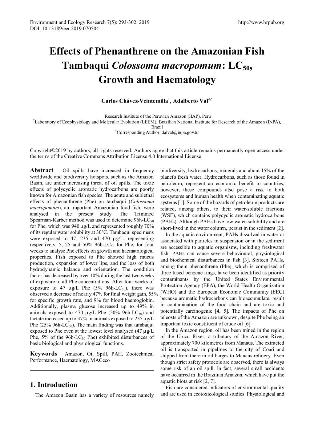 Effects of Phenanthrene on the Amazonian Fish Tambaqui Colossoma Macropomum: LC50, Growth and Haematology