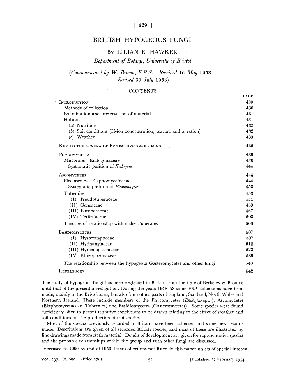 BRITISH HYPOGEOUS FUNGI by LILIAN E. HAWKER Departmentof Botany, Universityof Bristol