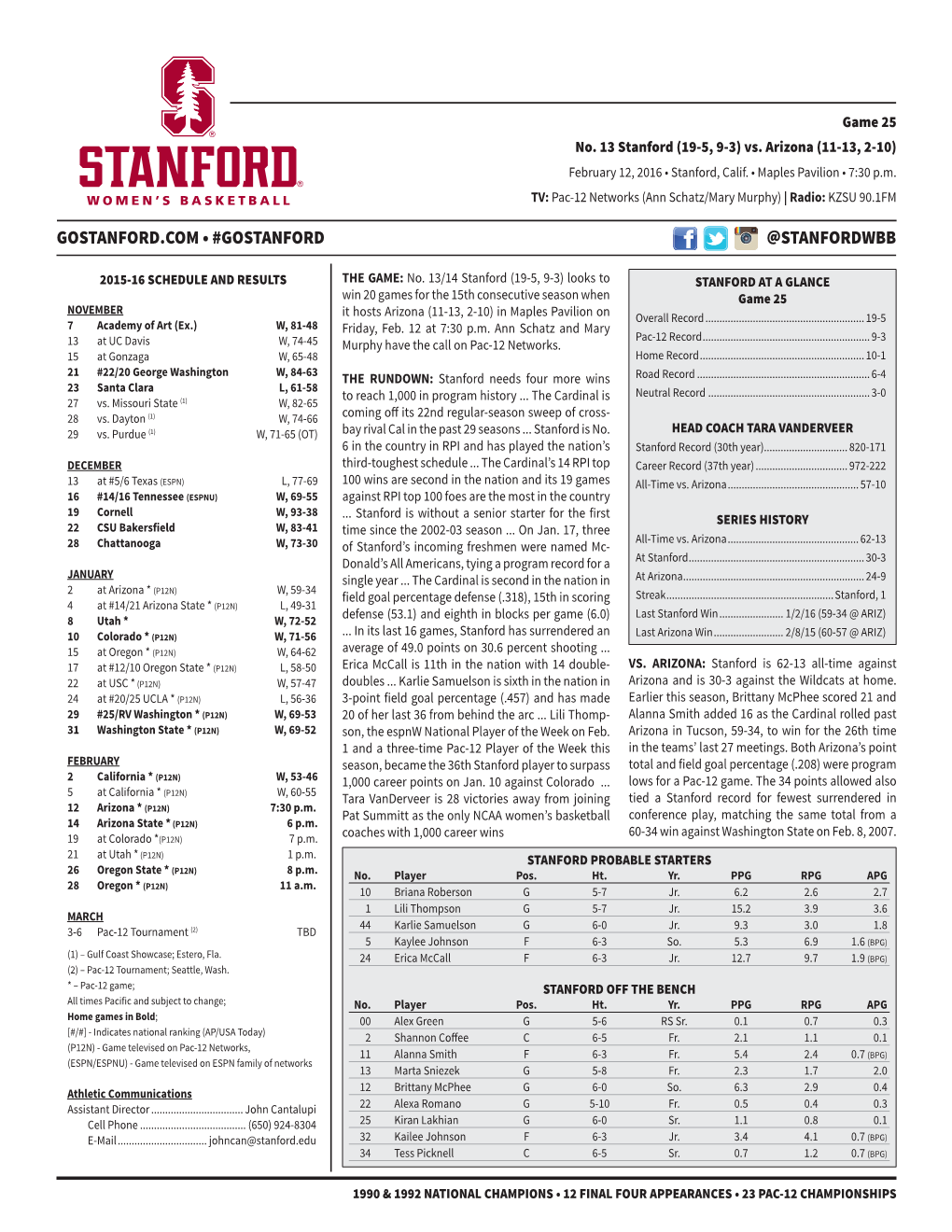 2015-16 Stanford WBB Feb. 12 Arizona.Indd