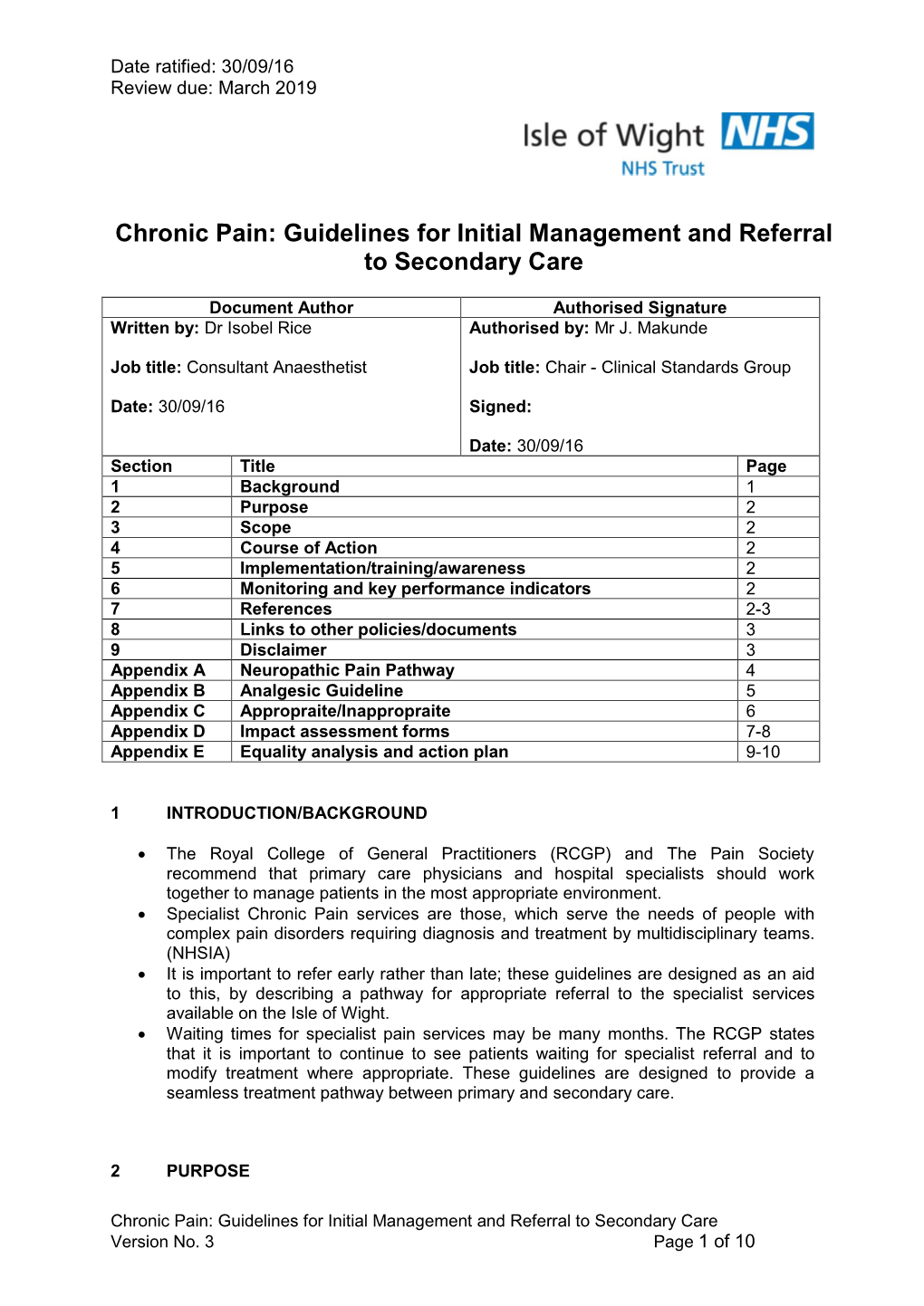 Chronic Pain: Guidelines for Initial Management and Referral to Secondary Care