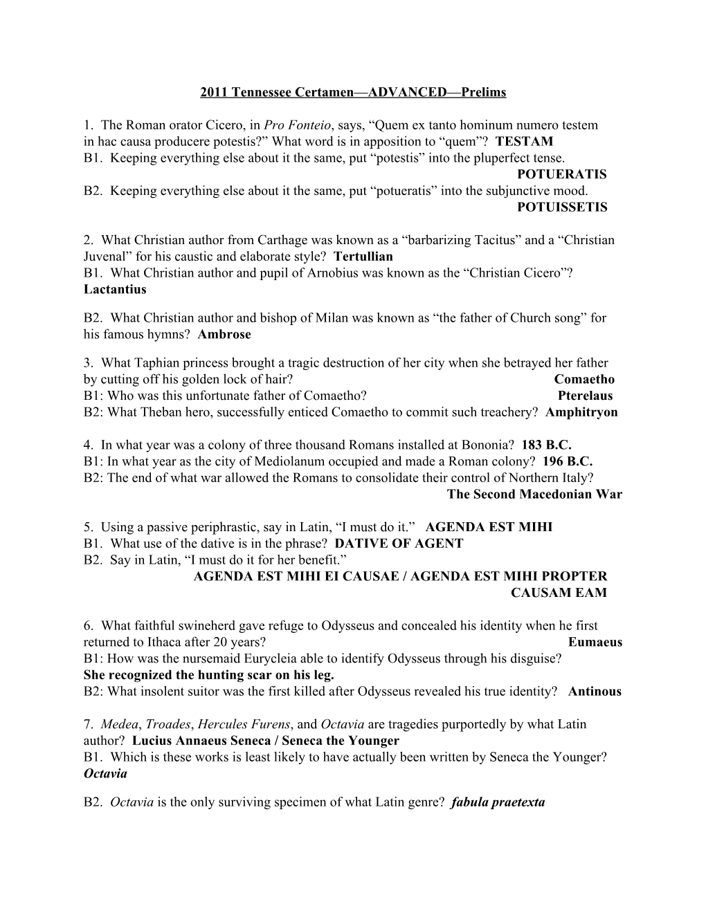 2011 Tennessee Certamen—ADVANCED—Prelims