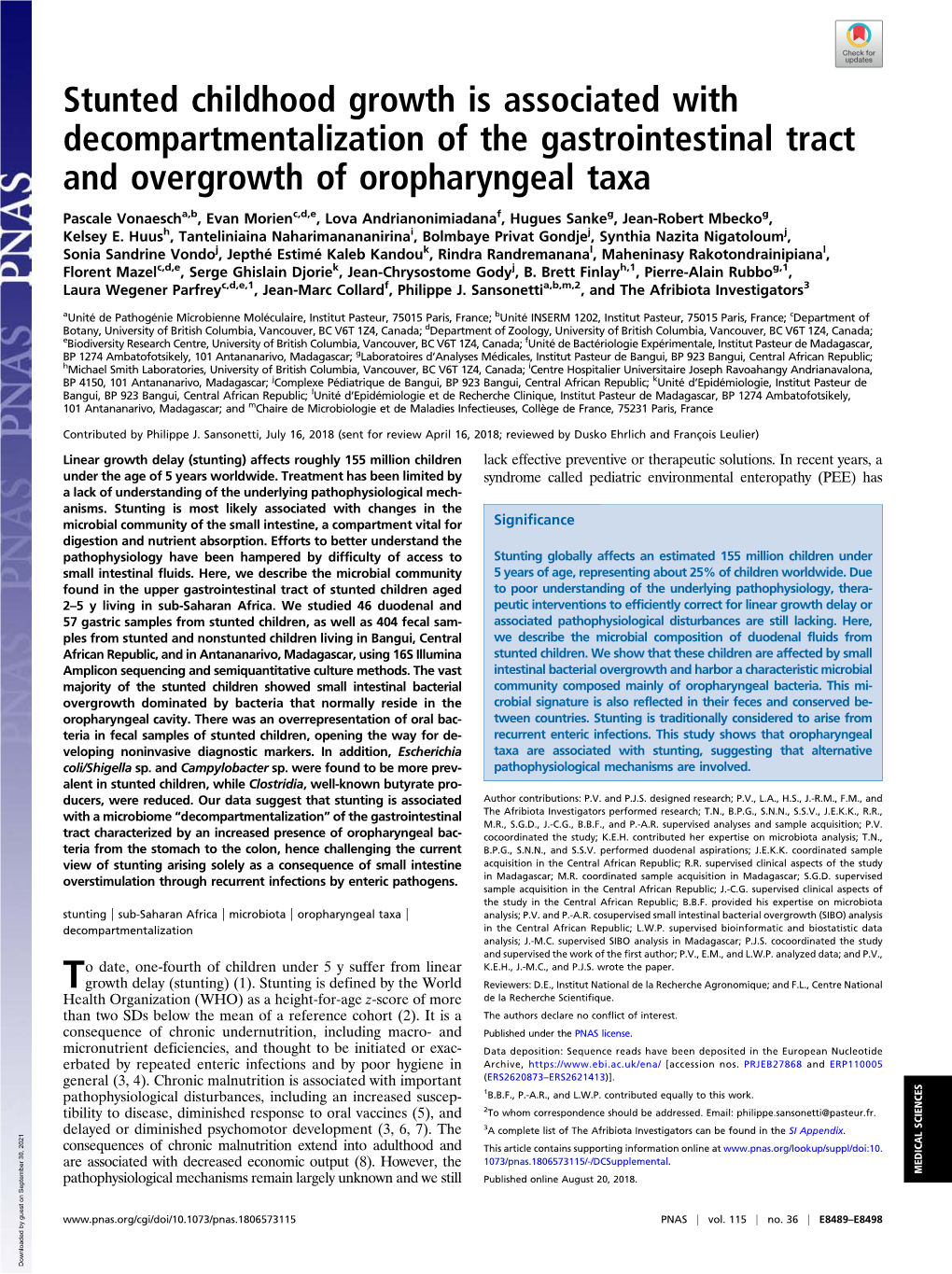 Stunted Childhood Growth Is Associated with Decompartmentalization of the Gastrointestinal Tract and Overgrowth of Oropharyngeal Taxa