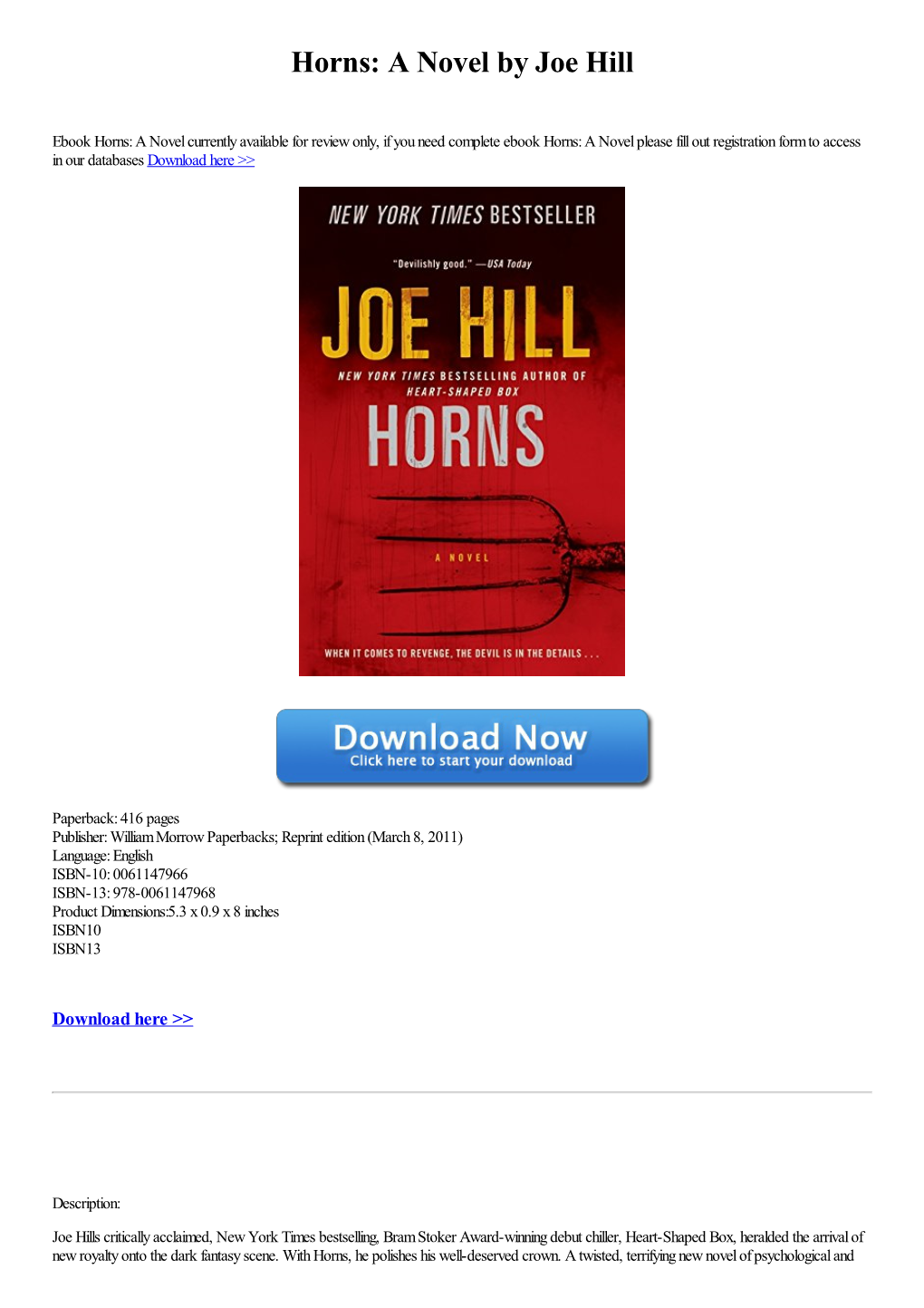 Download Horns: a Novel by Joe Hill [PDF]