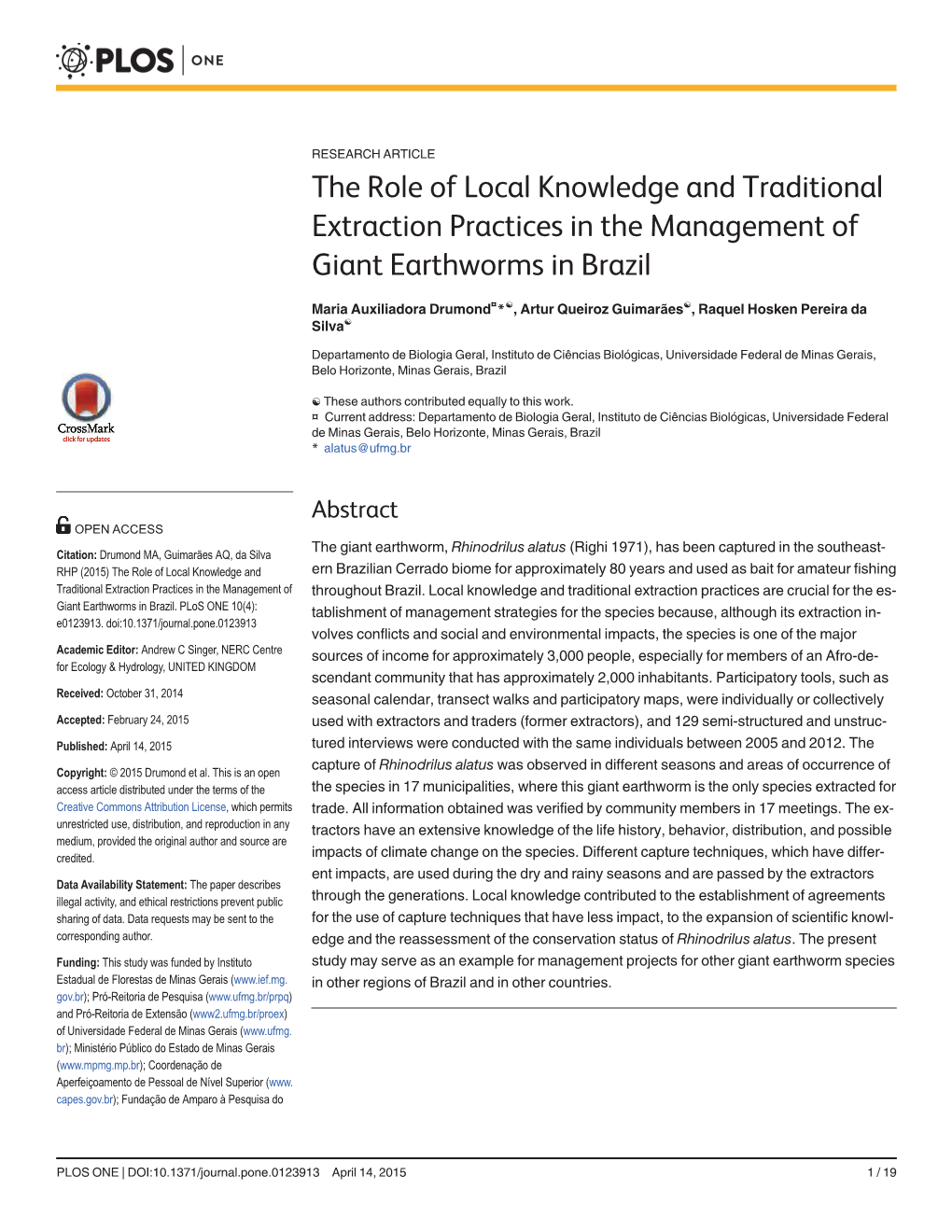 The Role of Local Knowledge and Traditional Extraction Practices in the Management of Giant Earthworms in Brazil