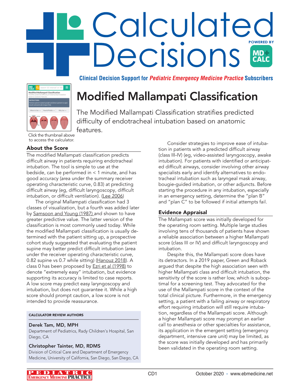 Modified Mallampati Classification the Modified Mallampati Classification Stratifies Predicted Difficulty of Endotracheal Intubation Based on Anatomic Features