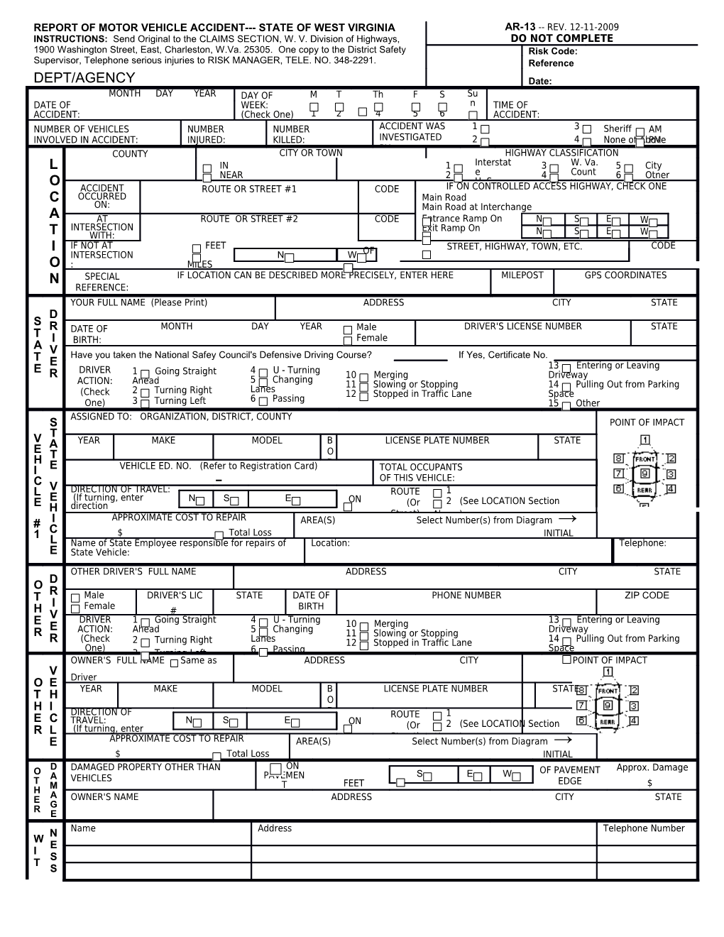 Report of Motor Vehicle Accident (AR-13)