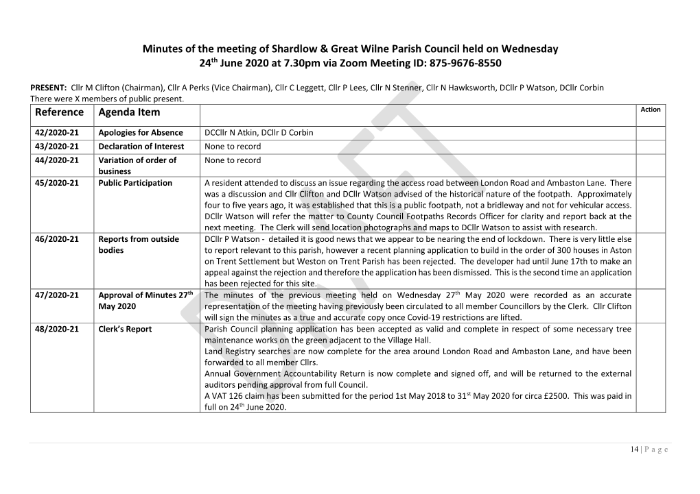 Minutes of the Meeting of Shardlow & Great Wilne Parish Council Held on Wednesday 24Th June 2020 at 7.30Pm Via Zoom Meeting ID: 875-9676-8550