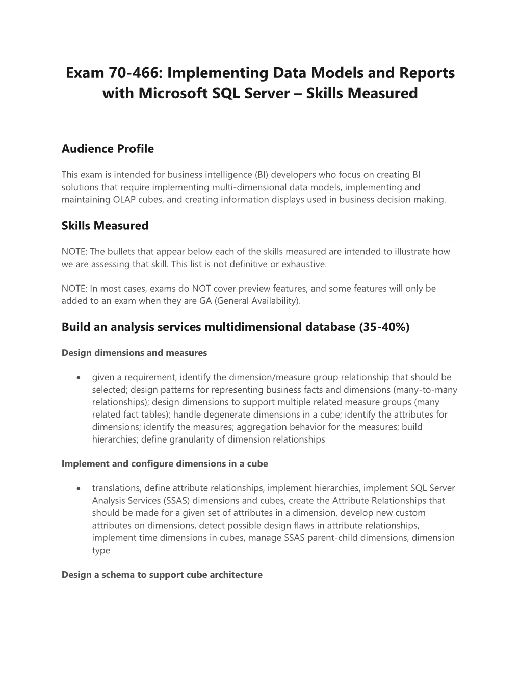 Implementing Data Models and Reports with Microsoft SQL Server – Skills Measured