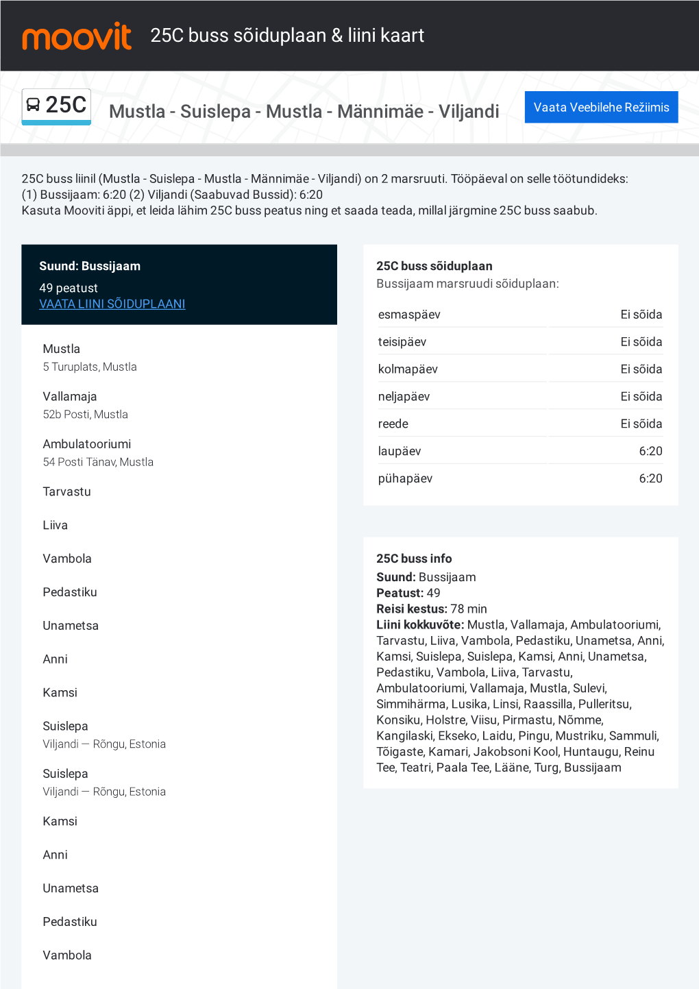 25C Buss Sõiduplaan & Liini Marsruudi Kaart