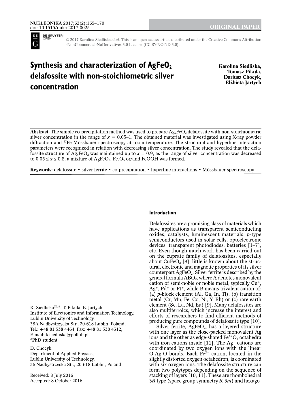 Synthesis and Characterization of Agfeo2 Delafossite with Non-Stoichiometric Silver Concentration 167