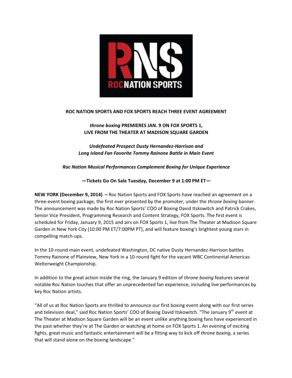 Roc Nation Sports & FOX Sports Reach Three Event Agreement