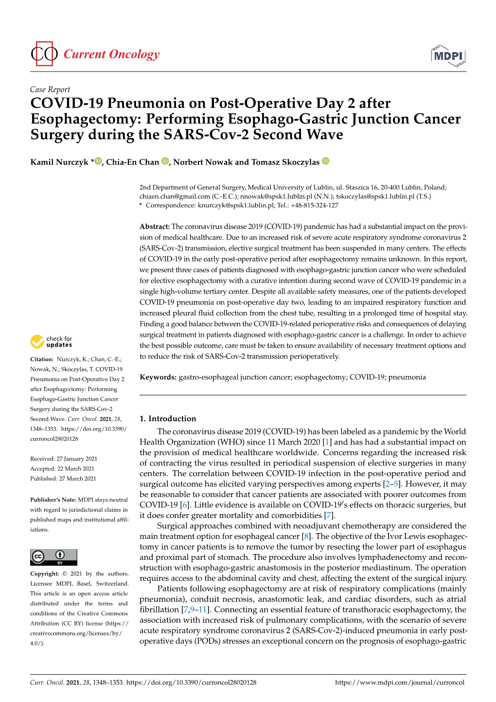 COVID-19 Pneumonia on Post-Operative Day 2 After Esophagectomy: Performing Esophago-Gastric Junction Cancer Surgery During the SARS-Cov-2 Second Wave