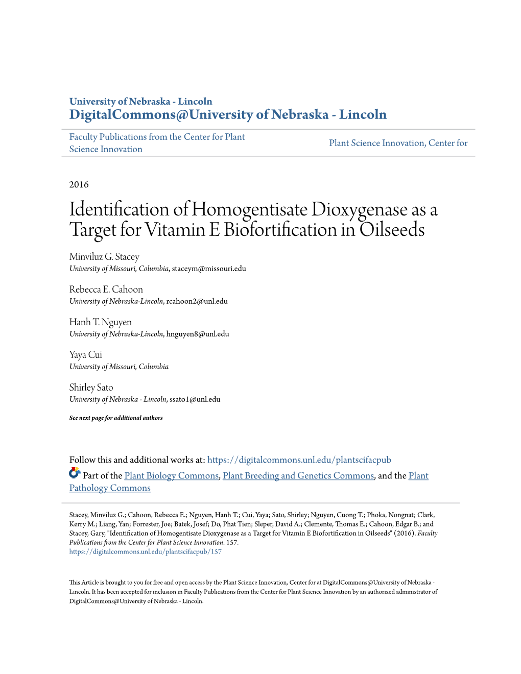 Identification of Homogentisate Dioxygenase As a Target for Vitamin E Biofortification in Oilseeds Minviluz G