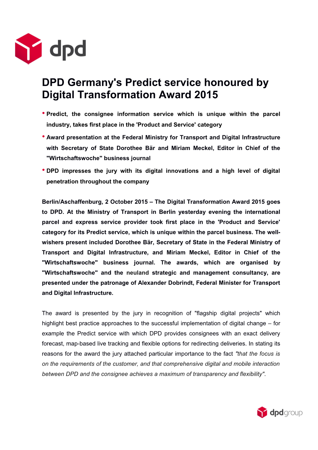 DPD Germany's Predict Service Honoured by Digital Transformation Award 2015