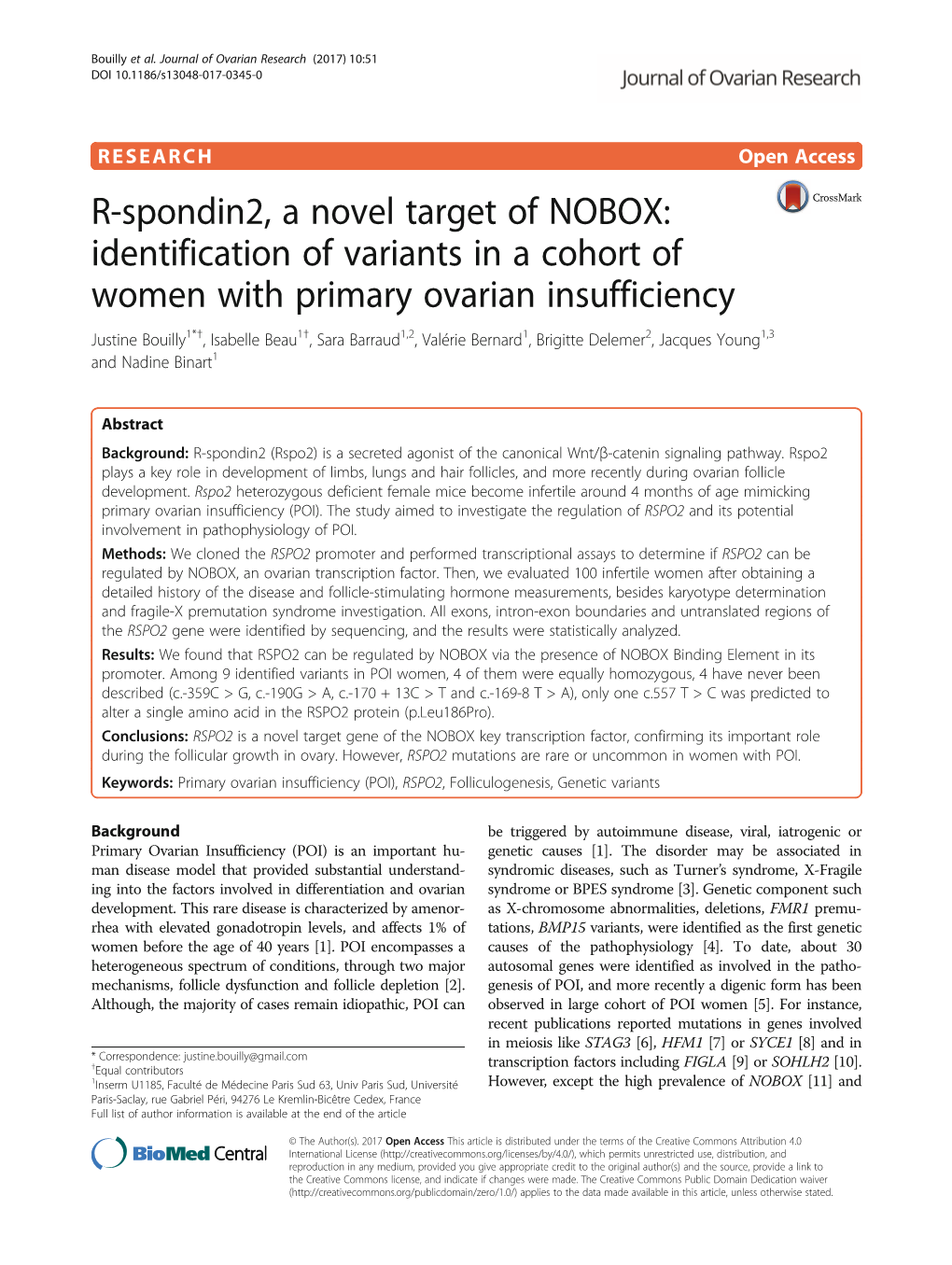 R-Spondin2, a Novel Target of NOBOX: Identification of Variants in a Cohort