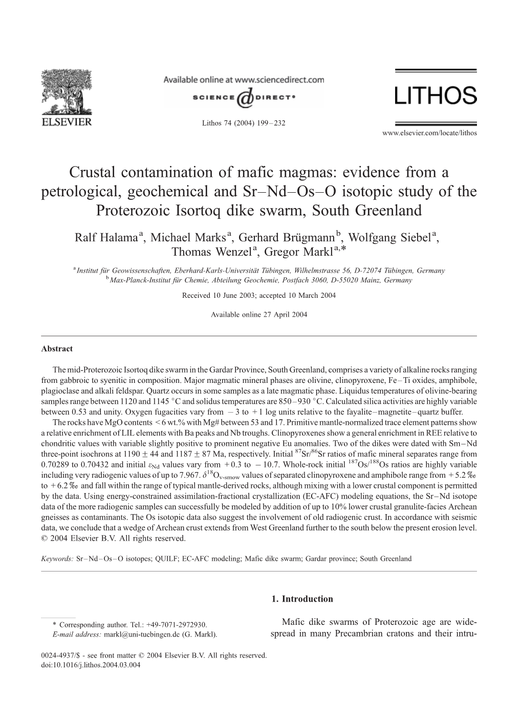 Crustal Contamination of Mafic Magmas: Evidence from a Petrological, Geochemical and Sr–Nd–Os–O Isotopic Study of the Proterozoic Isortoq Dike Swarm, South Greenland