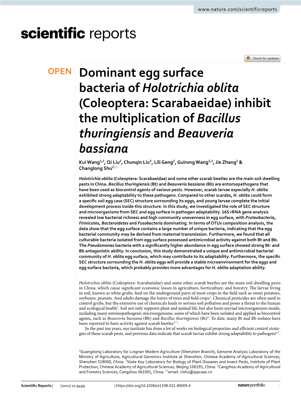 Dominant Egg Surface Bacteria of Holotrichia Oblita