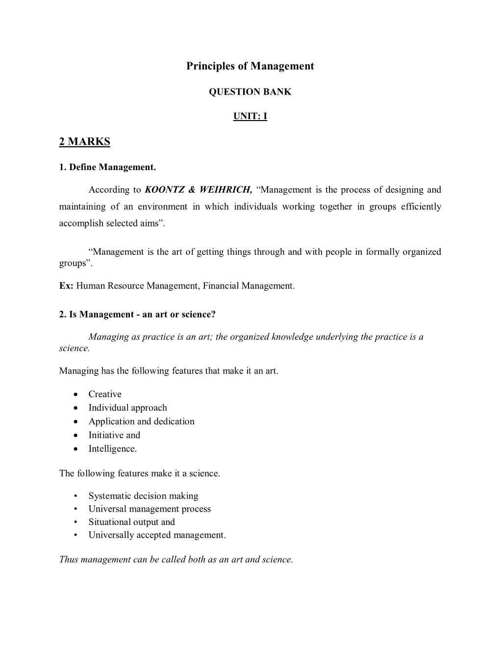 Principles of Management 2 MARKS